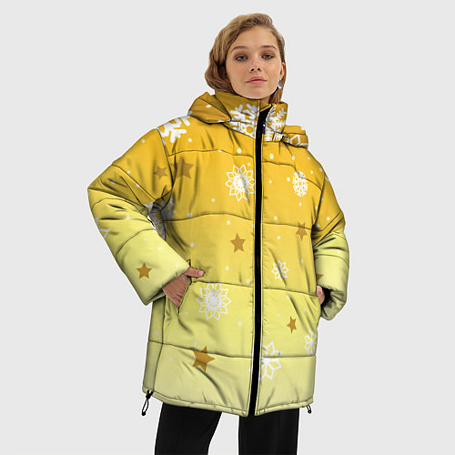 Женская зимняя куртка Снежинки и звезды на желтом / 3D-Светло-серый – фото 3