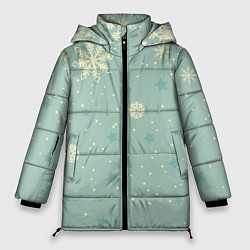 Куртка зимняя женская Снежинки и звезды на матно зеленем, цвет: 3D-черный