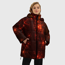 Куртка зимняя женская Абстрактные светящиеся красно оранжевые снежинки, цвет: 3D-красный — фото 2