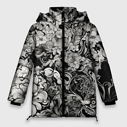 Женская зимняя куртка Чёрно белый цветочны узор