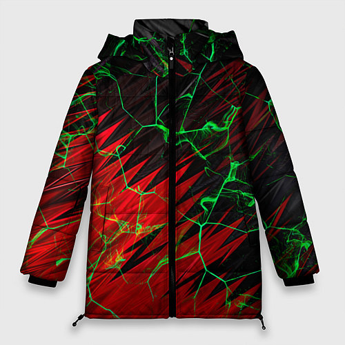 Женская зимняя куртка Зелёные трещины узоры / 3D-Красный – фото 1