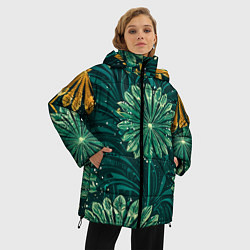 Куртка зимняя женская Одуванчики зеленая с желтым акцентом абстракция, цвет: 3D-светло-серый — фото 2
