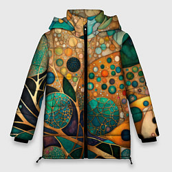 Куртка зимняя женская Вдохновение Климтом - изумрудная абстракция с круг, цвет: 3D-светло-серый