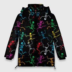 Куртка зимняя женская Разноцветные танцующие скелетики, цвет: 3D-черный