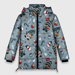 Куртка зимняя женская Новогодний паттерн с гномами, цвет: 3D-красный