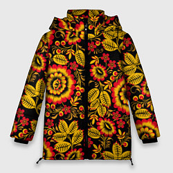 Куртка зимняя женская Хохломская роспись золотистые листья и цветы чёрно, цвет: 3D-красный