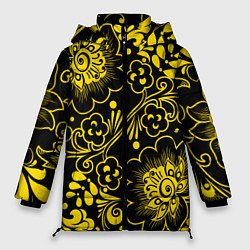 Женская зимняя куртка Хохломская роспись золотые цветы на чёроном фоне