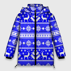 Куртка зимняя женская Новый год ели и олени на синем фоне, цвет: 3D-светло-серый