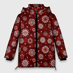 Женская зимняя куртка Snowflakes on a red background