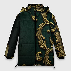 Куртка зимняя женская Лепнина золотые узоры на зеленой ткани, цвет: 3D-черный