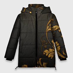 Женская зимняя куртка Объемные золотые узоры на черной ткани лепнина
