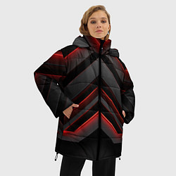 Куртка зимняя женская Красные яркие неоновые полосы на черной абстракции, цвет: 3D-черный — фото 2