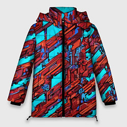 Куртка зимняя женская Красные фрагменты на голубом фоне, цвет: 3D-черный