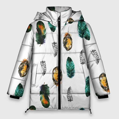 Женская зимняя куртка Перья на белом фоне / 3D-Черный – фото 1