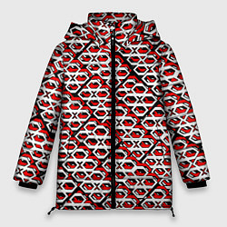 Куртка зимняя женская Красно-белый узор на чёрном фоне, цвет: 3D-красный