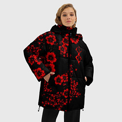 Куртка зимняя женская Клеймо жертвы из аниме Берсерк - красные цветы, цвет: 3D-светло-серый — фото 2