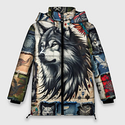 Женская зимняя куртка Волк на дениме Пэчворк