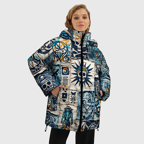 Женская зимняя куртка Пэчворк деним с пиратами / 3D-Светло-серый – фото 3