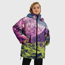 Куртка зимняя женская Геометрический зеленый пейзаж и фиолетовые горы, цвет: 3D-черный — фото 2