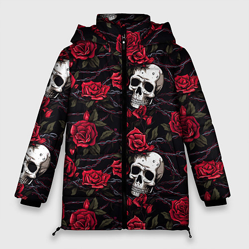 Женская зимняя куртка Черепа с алыми розами / 3D-Черный – фото 1