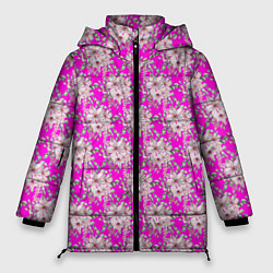 Куртка зимняя женская Цветочный паттерн на ярко-розовом фоне, цвет: 3D-светло-серый