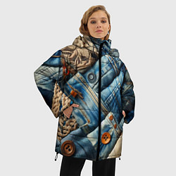 Куртка зимняя женская Джинсовый пэчворк с пуговицами - мода, цвет: 3D-светло-серый — фото 2