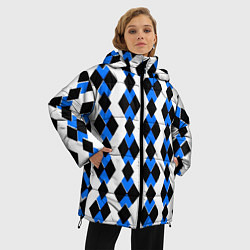 Куртка зимняя женская Чёрные и синие ромбы на белом фоне, цвет: 3D-красный — фото 2