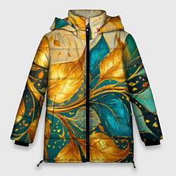 Женская зимняя куртка Листья абстрактные золото и бирюза