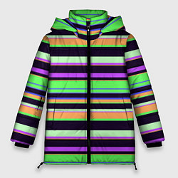 Куртка зимняя женская Зелёно-фиолетовый полосатый, цвет: 3D-черный