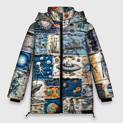 Женская зимняя куртка Джинсовый пэчворк с пришельцами