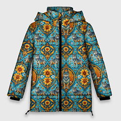 Куртка зимняя женская Узоры волки и цветы, цвет: 3D-светло-серый