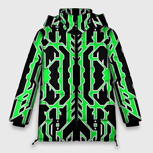 Женская зимняя куртка Техно зелёные линии с белой обводкой на чёрном фон / 3D-Черный – фото 1