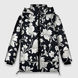 Куртка зимняя женская Патерн белых цветов на черном фоне, цвет: 3D-черный