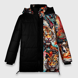 Куртка зимняя женская Тату ирезуми дракона тигр лис и самурай, цвет: 3D-черный