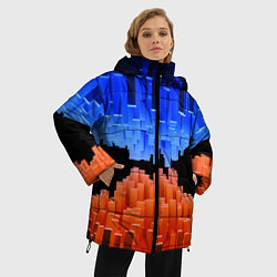 Куртка зимняя женская Стягивающиеся в центре синие и оранжевые блоки, цвет: 3D-черный — фото 2