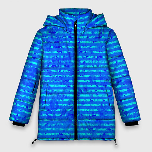 Женская зимняя куртка Яркий голубой абстрактный полосатый / 3D-Черный – фото 1