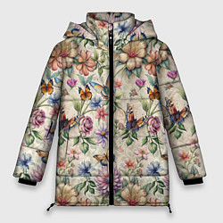 Женская зимняя куртка Летний узор с цветами и бабочками