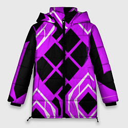 Женская зимняя куртка Чёрные квадраты и белые полосы на фиолетовом фоне