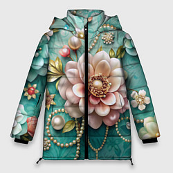 Женская зимняя куртка Объемные цветы и жемчуг