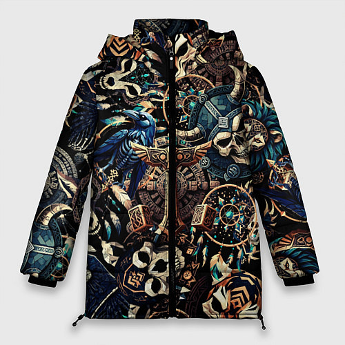 Женская зимняя куртка Викинг-череп ворон, руны и молот Тора / 3D-Черный – фото 1