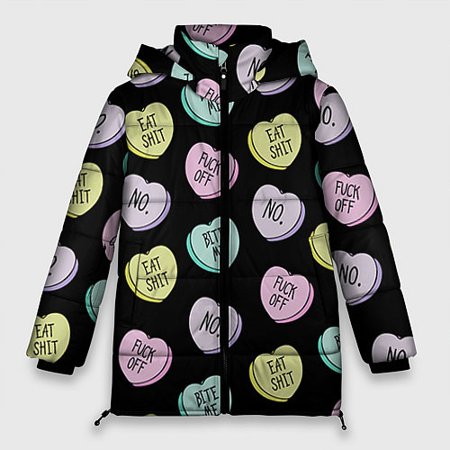 Женская зимняя куртка Сердца с надписями / 3D-Черный – фото 1