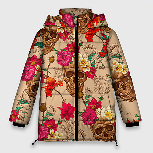 Женская зимняя куртка Черепа в цветах / 3D-Черный – фото 1