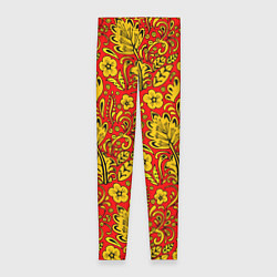 Леггинсы женские Хохломская роспись золотистые цветы на красном фон, цвет: 3D-принт