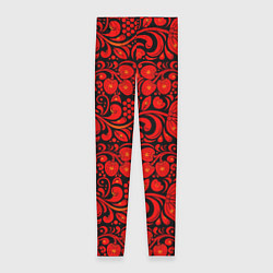 Леггинсы женские Хохломская роспись красные цветы и ягоды на чёрном, цвет: 3D-принт