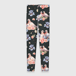 Леггинсы женские Голуби с розами и ирисами black, цвет: 3D-принт