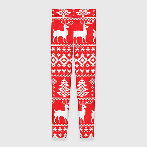 Женские легинсы Новогодние мотивы елки и олени на красном / 3D-принт – фото 1