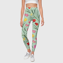 Леггинсы женские Тюльпаны цветочный паттерн на светло-зелёном фоне, цвет: 3D-принт — фото 2