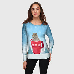 Лонгслив женский Удивленный котик в кружке, цвет: 3D-принт — фото 2