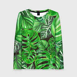 Лонгслив женский Тропические листья на темном фоне, цвет: 3D-принт