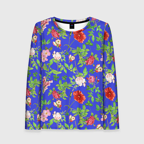 Женский лонгслив Цветочки - синий фон - паттерн / 3D-принт – фото 1